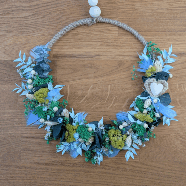 Trockenblumenkranz Blau-Grün mit Herz - 24,5cm