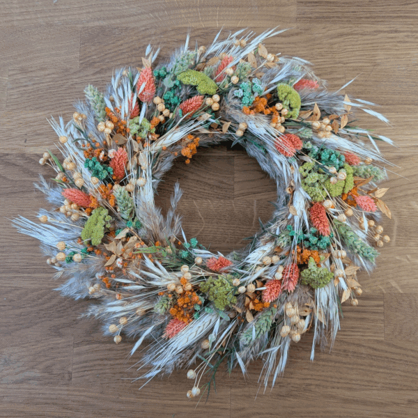 Trockenblumenkranz Orange-Beige mit Schleierkraut 28cm