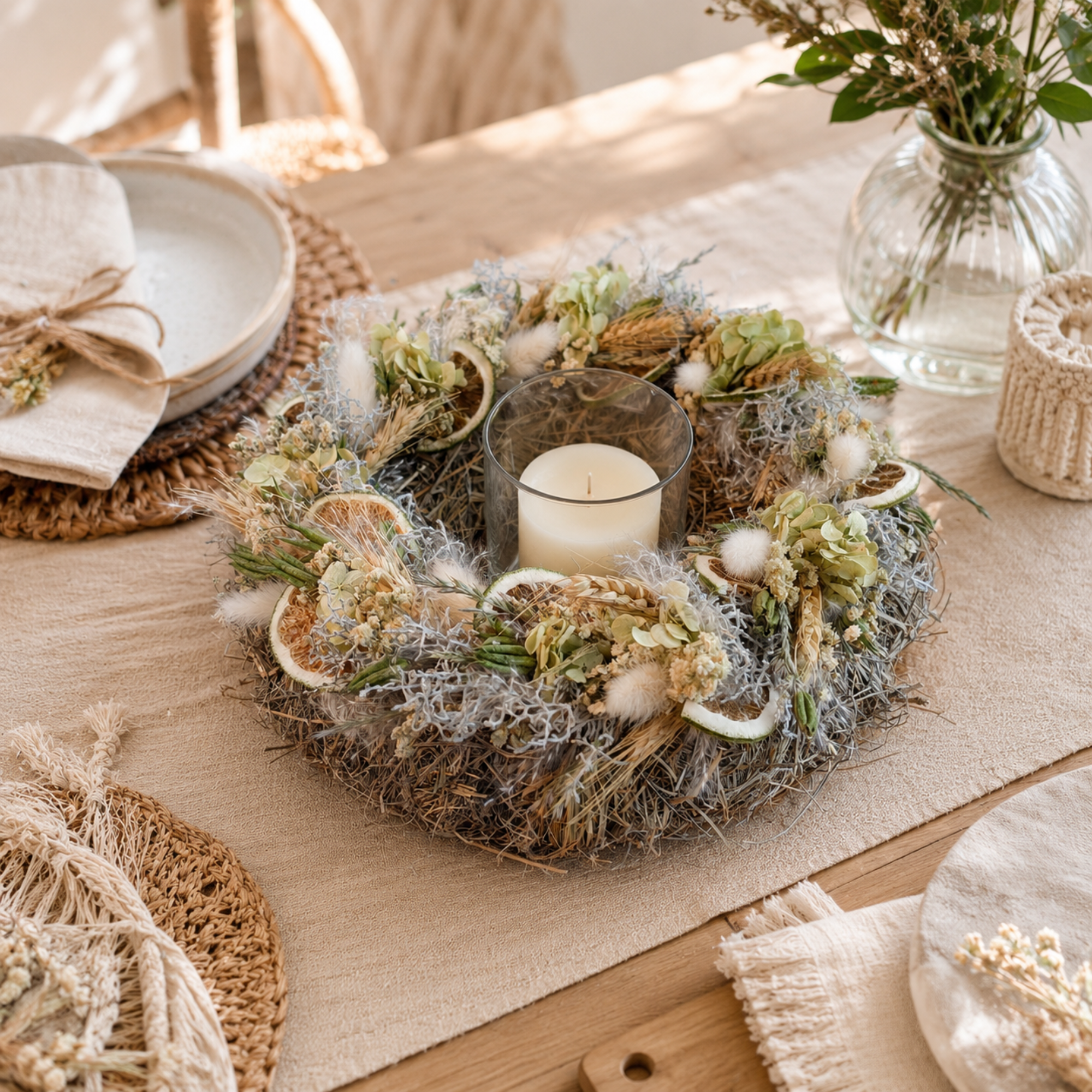 Trockenblumenkranz mit Limetten und Schleierkraut auf Strohunterlage – Bild 2
