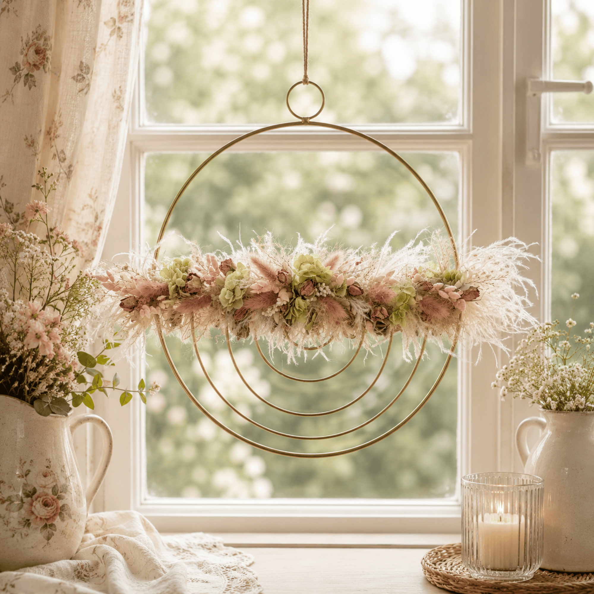 Goldenes Trockenblumenornament mit Federn – 30 cm – Bild 2