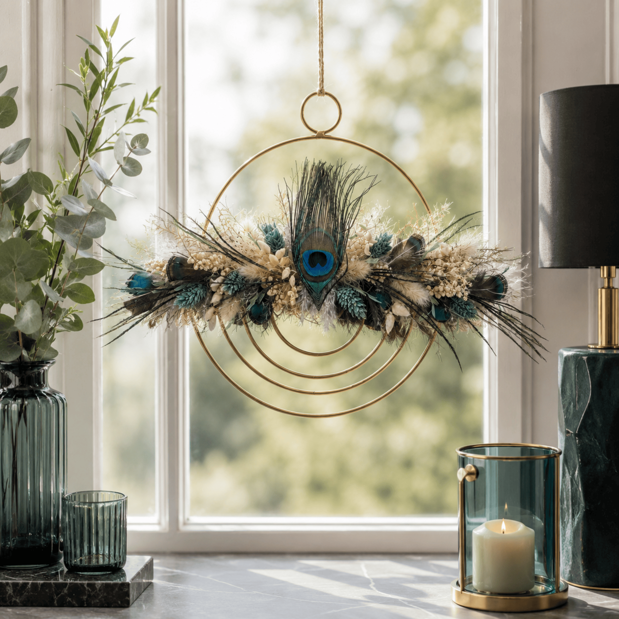 Goldenes Trockenblumen-Ornament mit Pfauenfedern – 20 cm – Bild 2