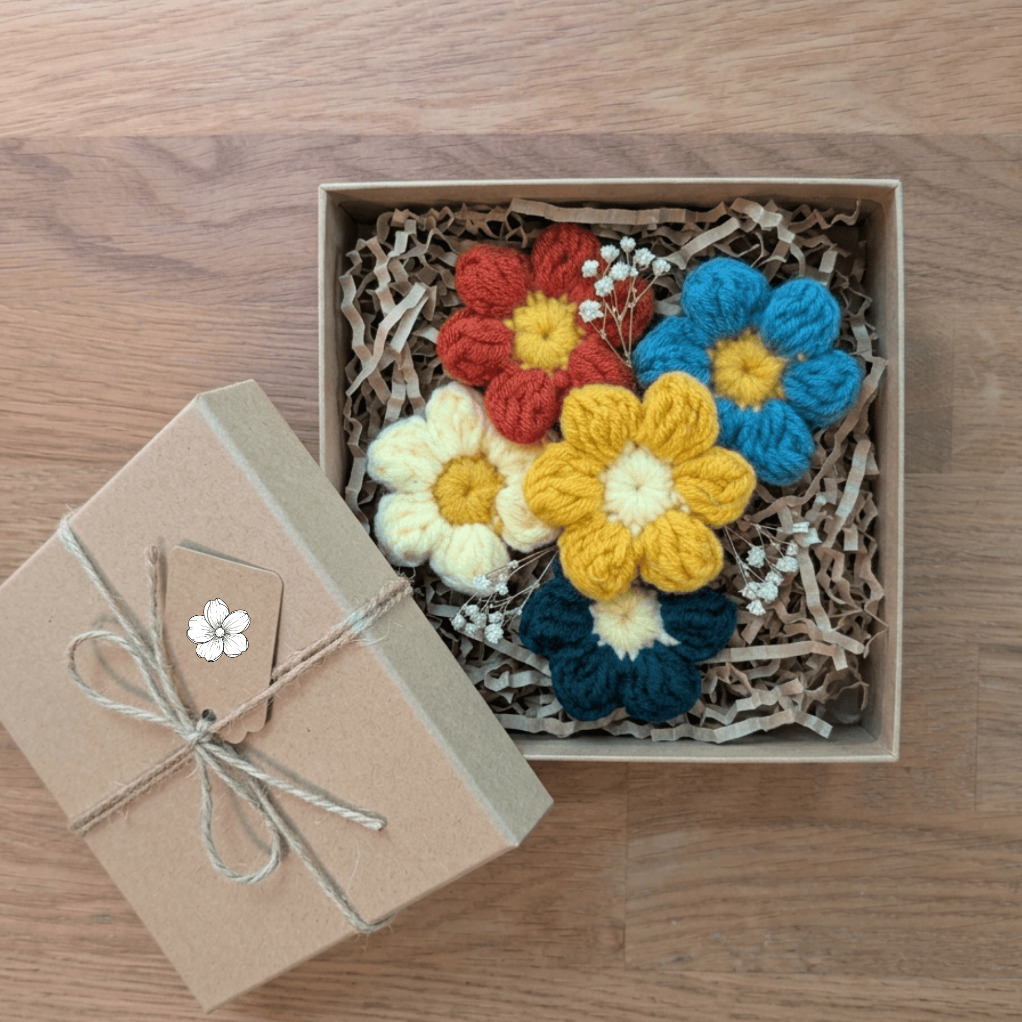 5er-Set handgehäkelte Blumen in Orange, Gelb und Grün – Bild 2