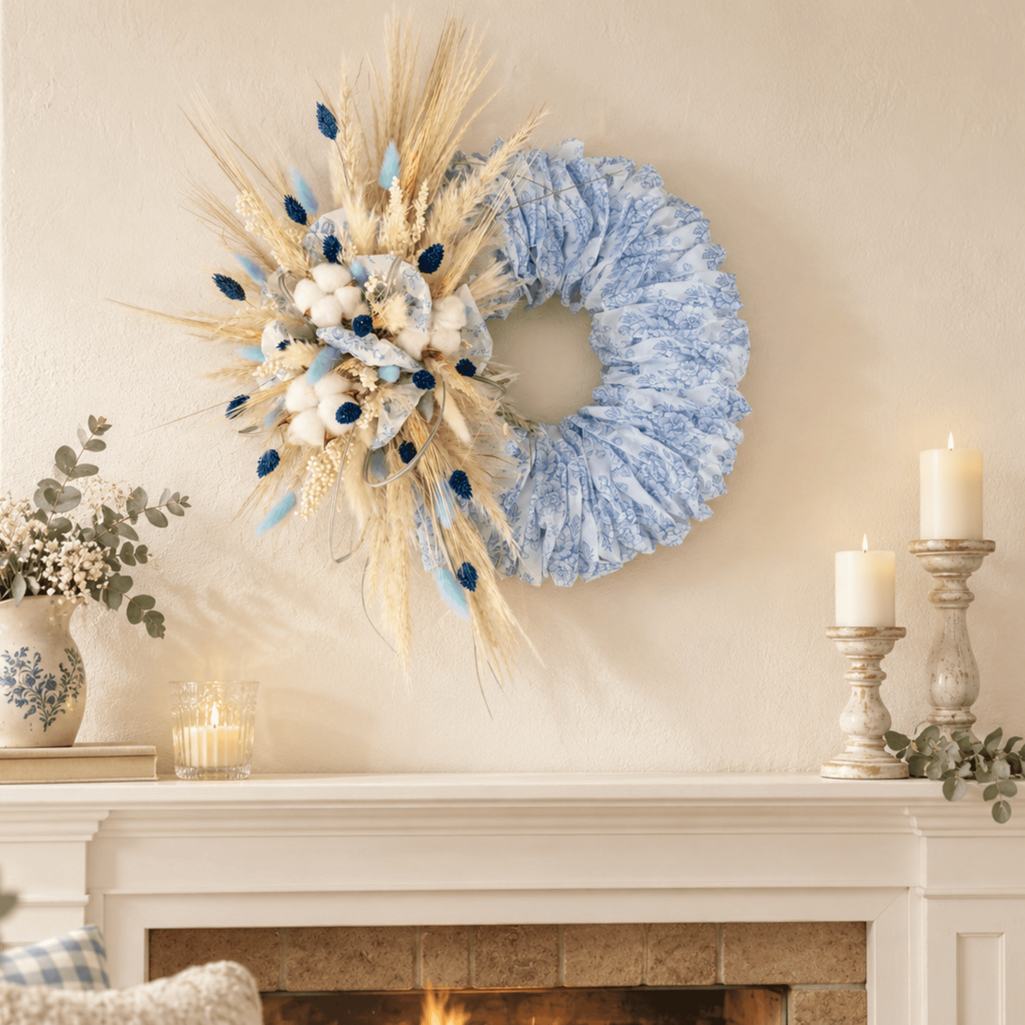 Papierkranz mit Trockenblumen in Weiß und Blau – 52,5 cm – Bild 2