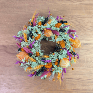 Herbstlicher Trockenblumenkranz mit Physalis &ndash; 24 cm, optional mit H&auml;kelk&uuml;rbis