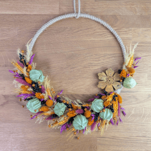 Herbstlicher Trockenblumenkranz mit Physalis und Metallblume &ndash; 35 cm