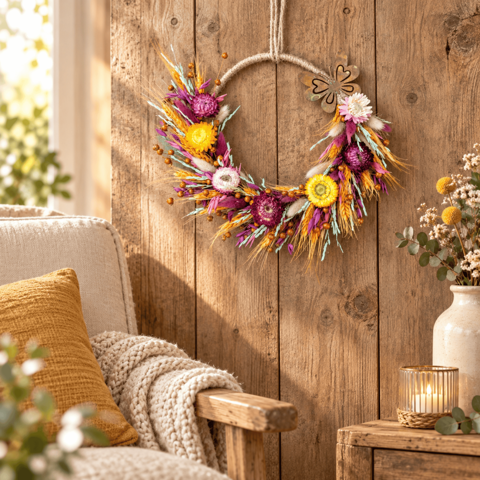 Trockenblumenkranz mit Metallschmetterling – 30 cm – Bild 2
