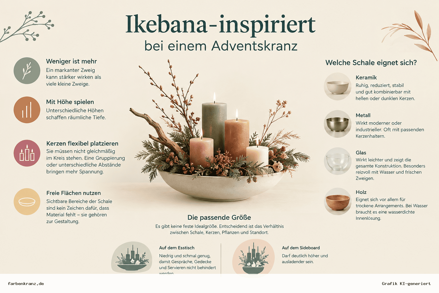 Infografik zu einem ikebana-inspirierten Adventskranz in einer Schale mit freien Flächen, unterschiedlich hohen Zweigen und asymmetrisch angeordneten Kerzen.