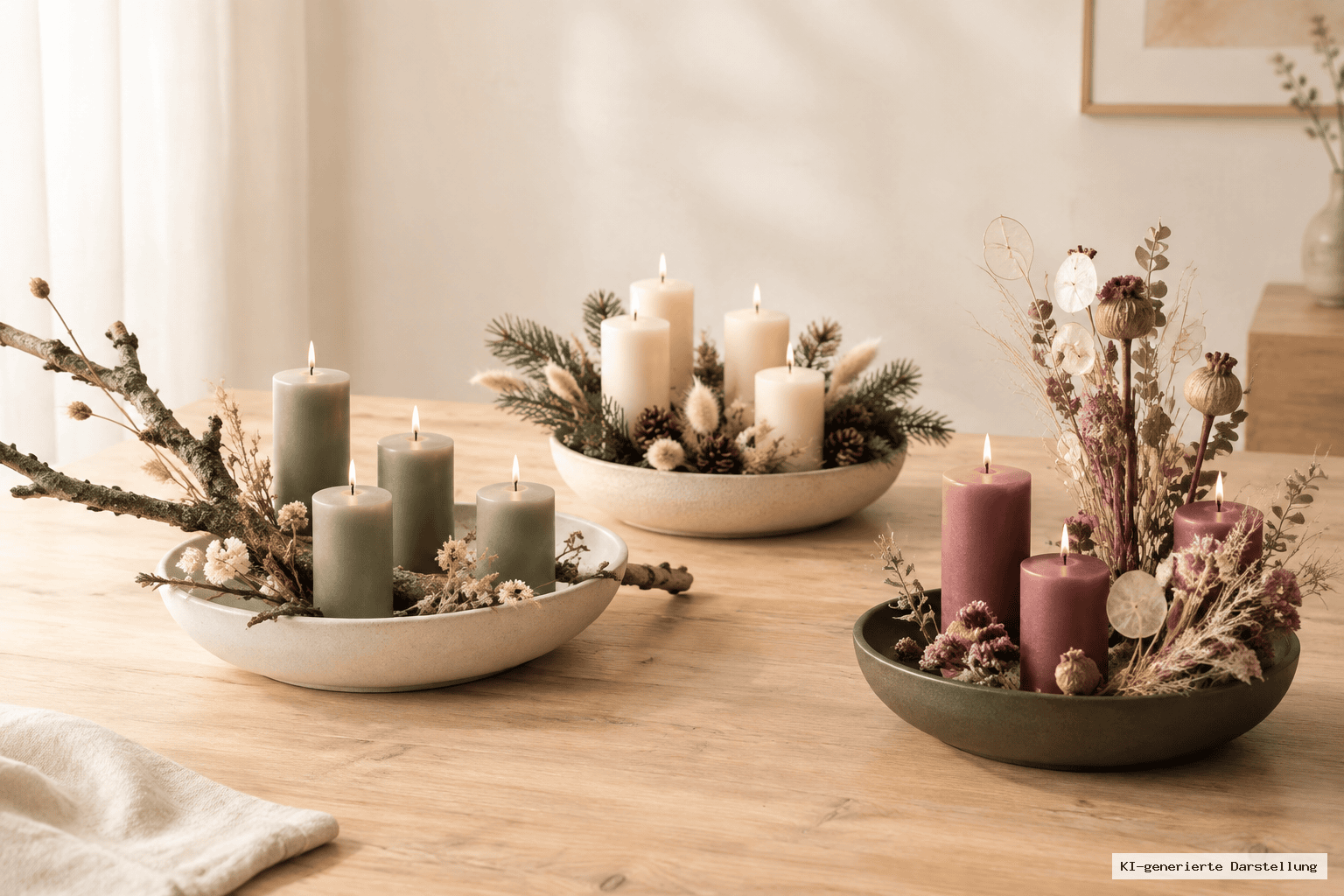Drei Adventskranz-Ideen in einer Schale: minimalistisch mit Zweig, winterlich mit Grün und Naturtönen sowie modern mit Trockenblumen und vier Kerzen.