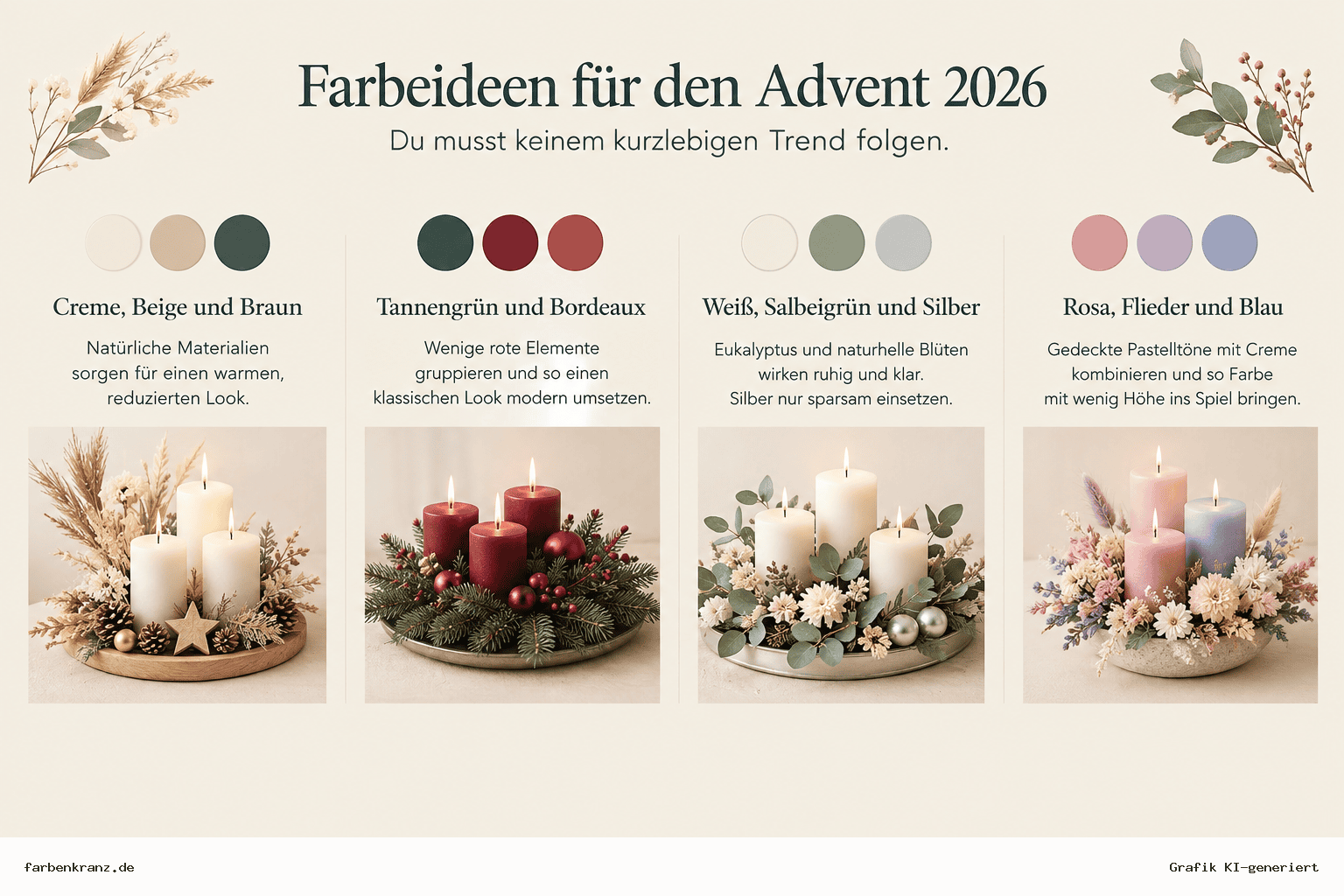 Infografik mit Farbideen für den Advent 2026: Cloud Dancer als Basis sowie Kombinationen in Creme, Beige, Braun, Tannengrün, Bordeaux, Salbeigrün, Silber und Pastelltönen.