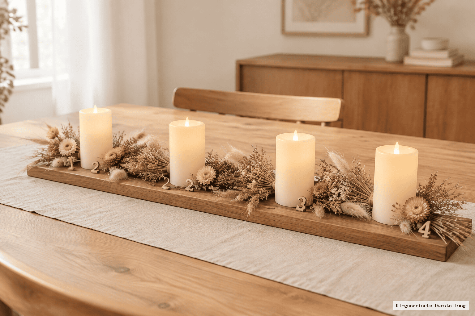 Schmaler Table Runner mit vier LED-Kerzen und locker arrangierten Trockenblumenbündeln aus Gräsern, Lagurus und Limonium auf einer Holzleiste.