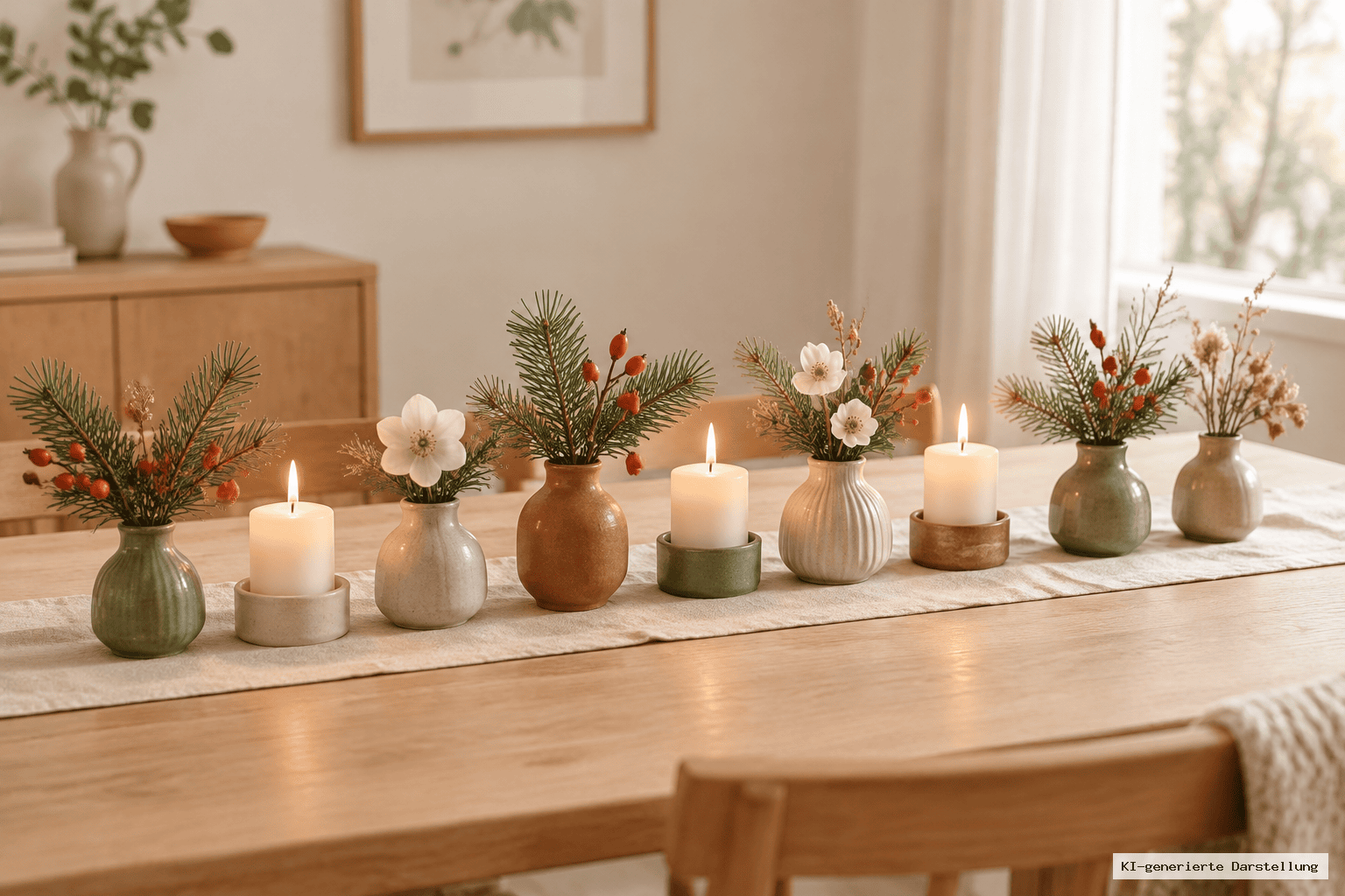 Sieben kleine Vasen in einer Reihe mit Wintergrün, Tannenzweigen, Hagebutten, hellen Blüten und vier LED-Kerzen als Adventsdekoration auf dem Esstisch.
