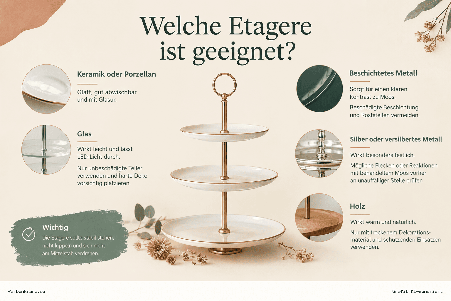 Infografik zur Auswahl einer geeigneten Etagere: Konstruktion, Material und Zustand prüfen sowie Hinweise zu Keramik, Glas, Metall, Silber und Holz.