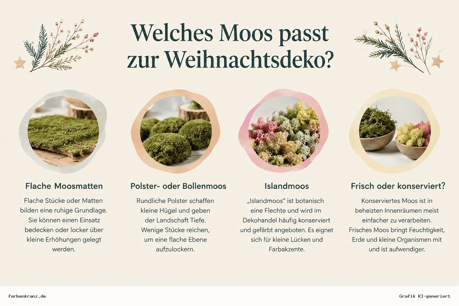 Infografik zu Moosarten für Weihnachtsdeko mit flachen Moosmatten, Polster- oder Bollenmoos, Islandmoos sowie Hinweisen zu frischem und konserviertem Moos.