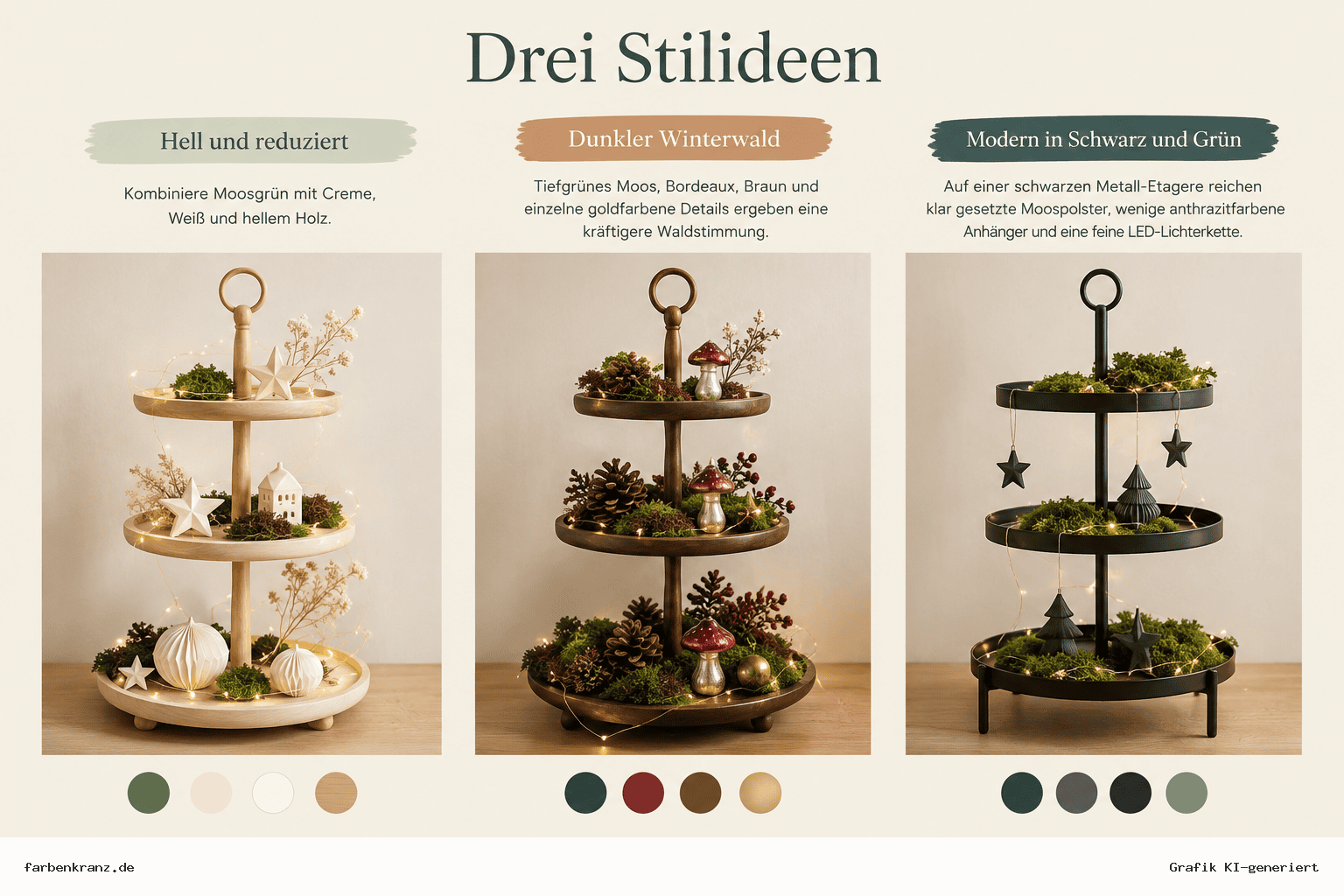 Infografik mit drei Stilideen für eine dekorierte Etagere: hell und reduziert, dunkler Winterwald sowie modern in Schwarz und Grün mit Moos und LED-Licht.