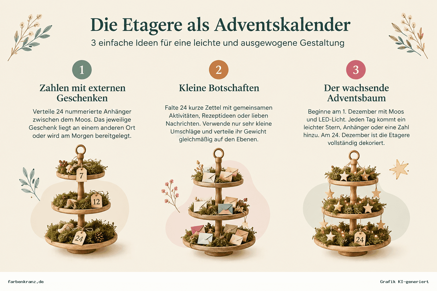 Infografik mit drei Ideen für einen Adventskalender auf einer Etagere: nummerierte Anhänger mit externen Geschenken, kleine Botschaften und ein täglich wachsender Adventsbaum.