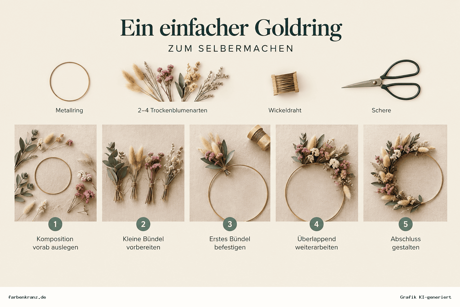 Infografik zum Selbermachen eines Teilkranzes: Goldring mit Trockenblumen, kleine Bündel, Wickeldraht und Schere in mehreren Arbeitsschritten dargestellt