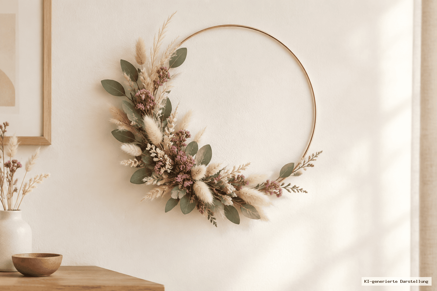 Asymmetrischer Wandkranz mit sichtbarem Goldring, dekoriert mit Ruscus, Lagurus, Statice und kleinen Pampasgräsern vor heller Wand