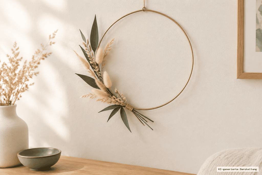 Minimalistischer Goldring mit wenigen Trockenblumenstielen aus Ruscus, Phalaris und Lagurus, locker arrangiert mit deutlich sichtbarem Metallring.