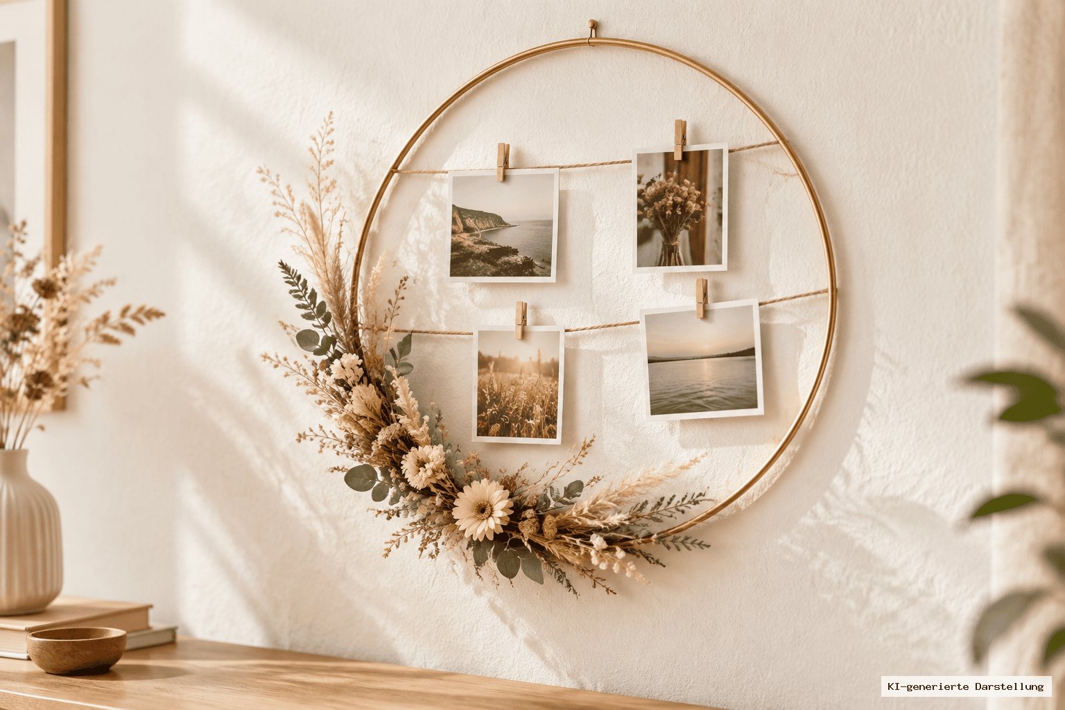 Großer Ring als Wanddeko und Foto-Display mit quer gespannten Schnüren, kleinen Klammern für Fotos und dezentem Trockenblumenschmuck im unteren Bereich