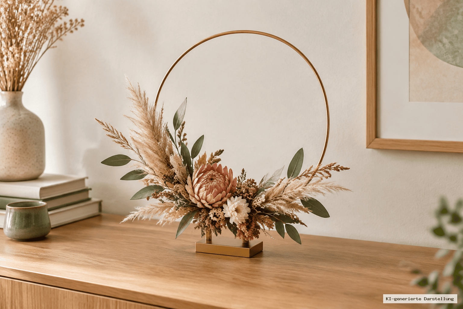Freistehender Goldring in Halterung auf einem Sideboard, unten mit Pampasgras, Ruscus und größeren Blüten dekoriert, daneben ruhige Deko wie Vasen und Bücher