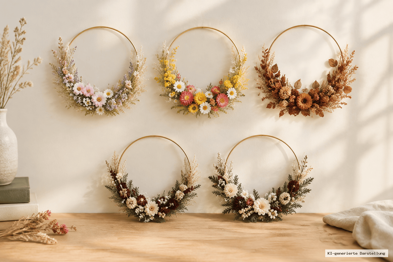 Goldring mit saisonal dekoriertem Blumenkranz in warmen Naturtönen, kombiniert mit Blüten, Gräsern und getrockneten Samenkapseln als wandelbarer Wandschmuck