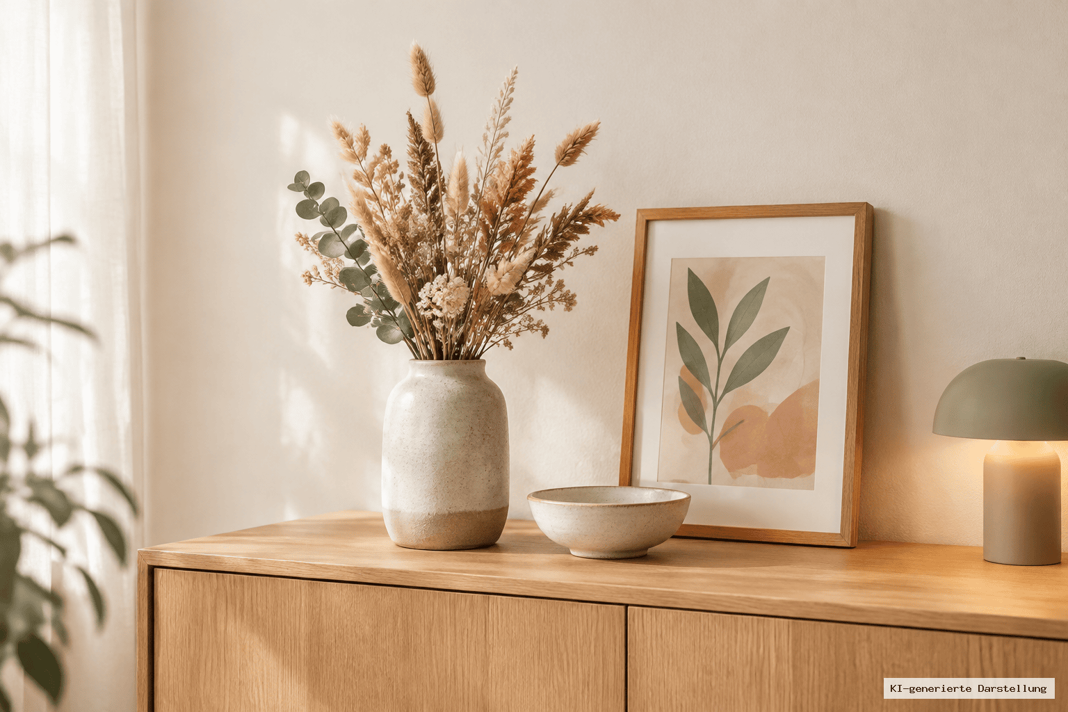 Ruhiges Stillleben auf einem Sideboard mit Trockenblumenarrangement