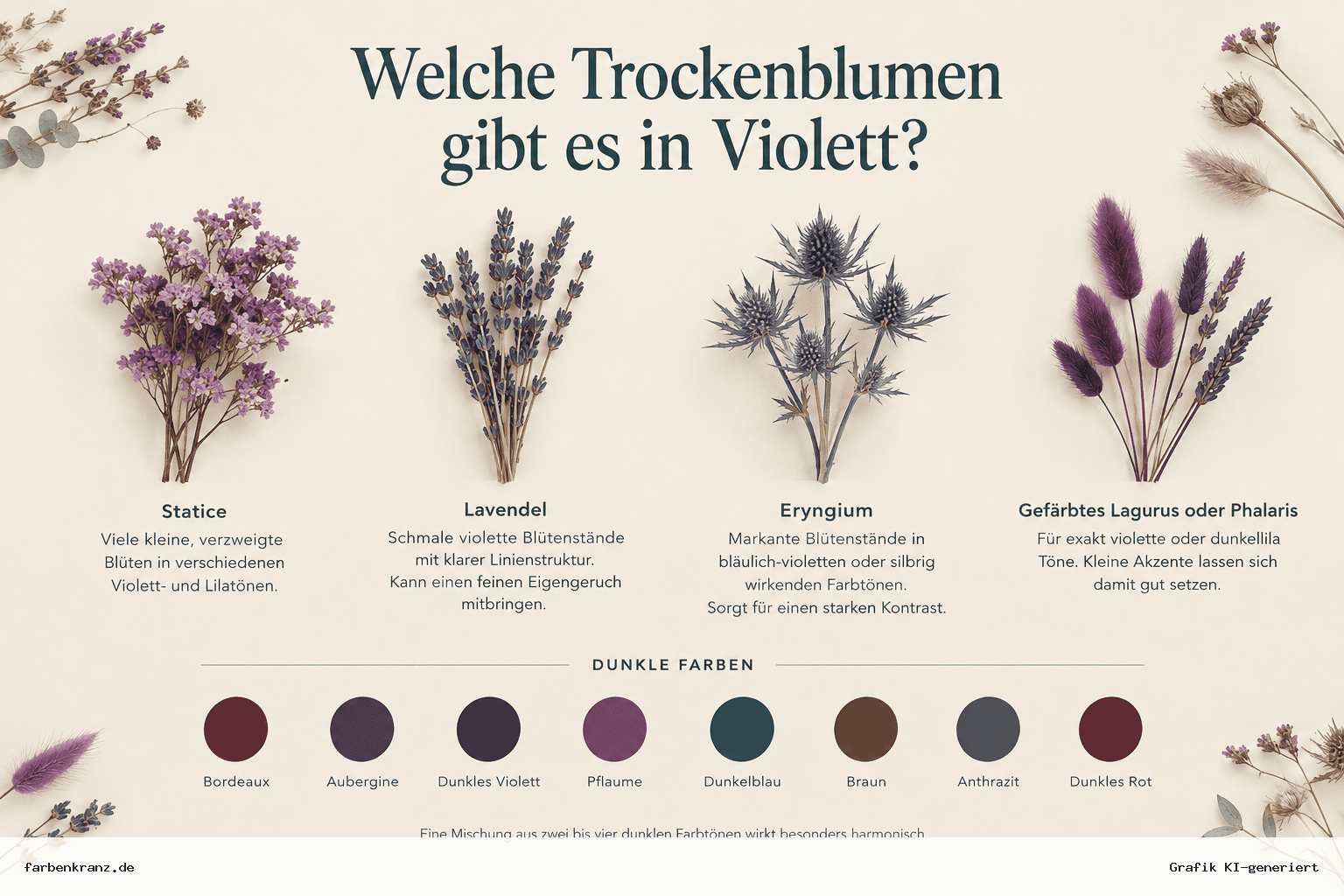 Infografik mit violetten Trockenblumen wie Statice, Lavendel, Eryngium und gefärbtem Lagurus oder Phalaris sowie dunklen Farbtönen wie Aubergine und Pflaume