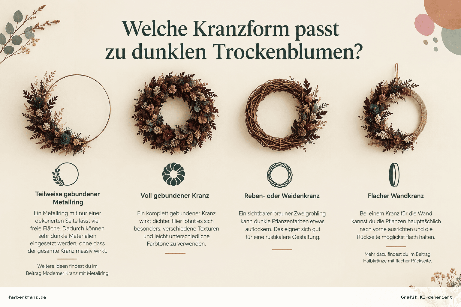 Infografik mit vier Kranzformen für dunkle Trockenblumen: teilgebundener Metallring, voll gebundener Kranz, Reben- oder Weidenkranz und flacher Wandkranz