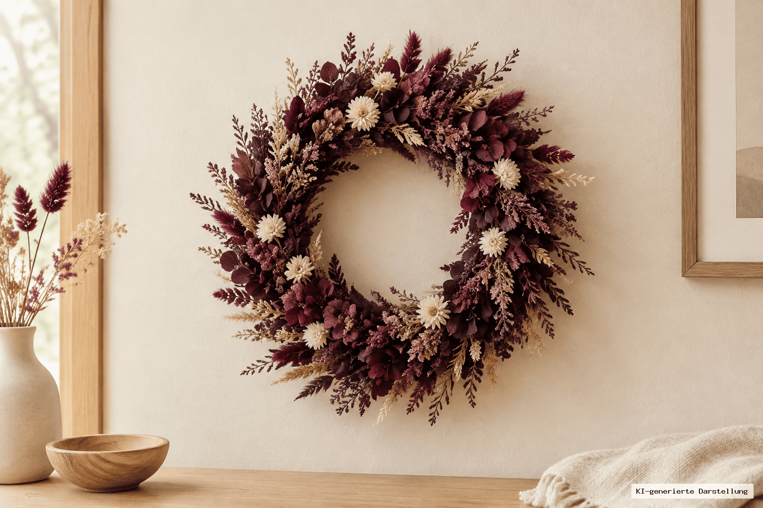 Trockenblumenkranz in Bordeaux, Pflaume und dunklem Violett mit wenigen cremefarbenen Akzenten in warmer, herbstlicher Gestaltung