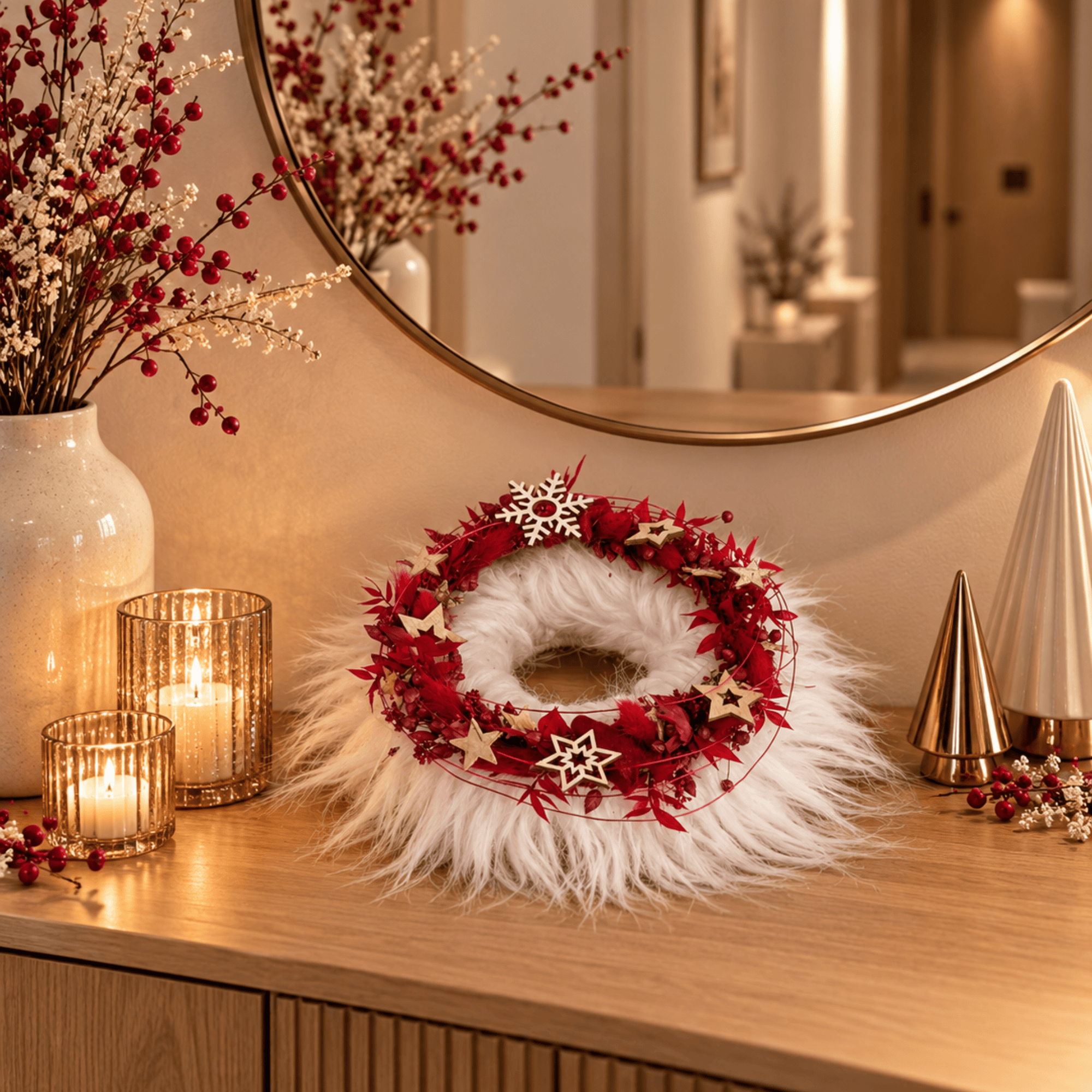 Weihnachtlicher Fellkranz mit Trockenblumen in Rot und Weiß – 29 cm – Bild 2
