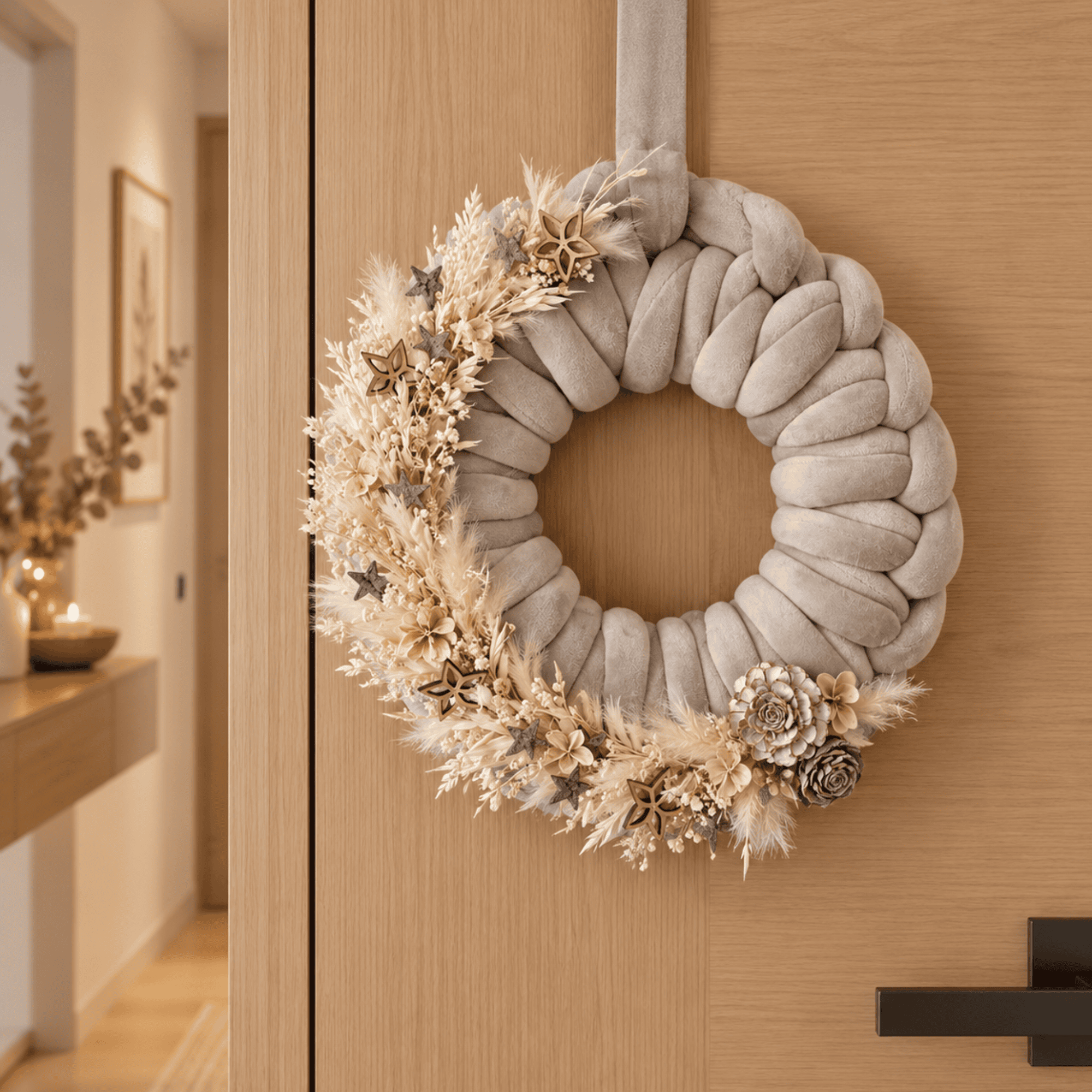 Weihnachtlicher Textilgarnkranz mit Trockenblumen und Holzsternen – 31 cm – Bild 2