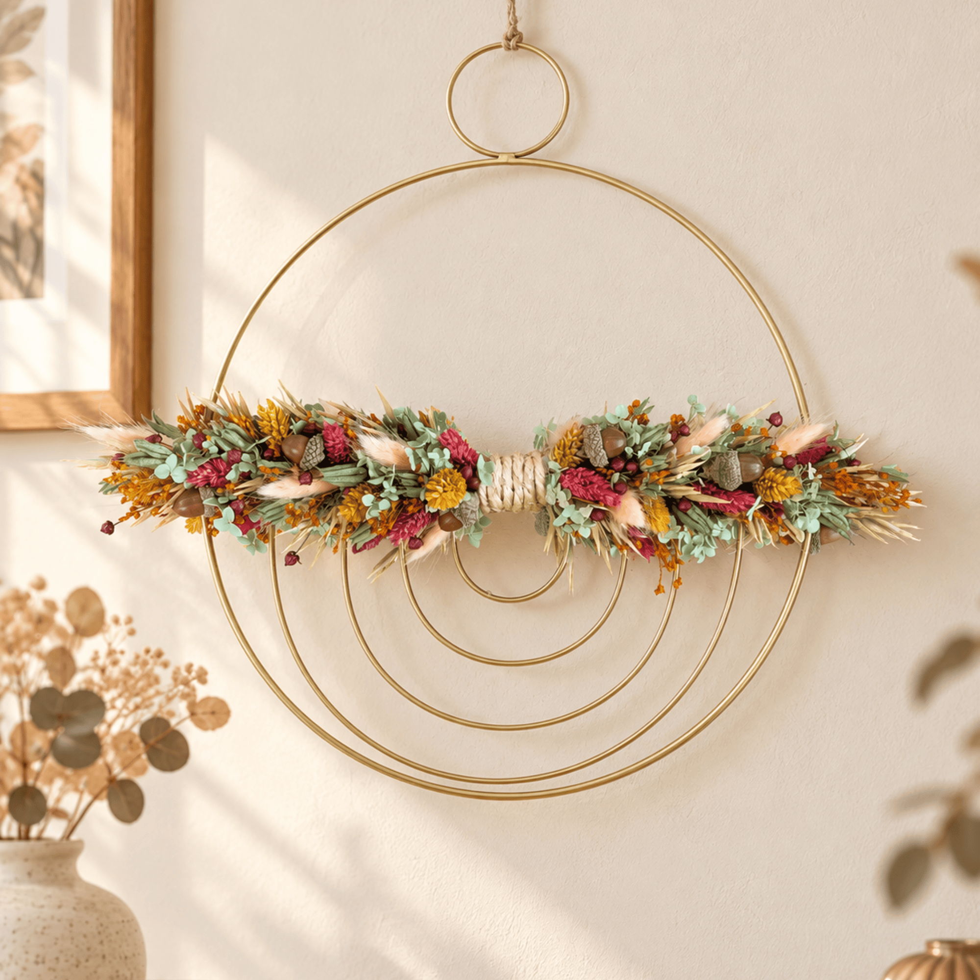 Trockenblumenschmuck auf goldenem Metallornament mit Eicheln – 41 cm – Bild 2