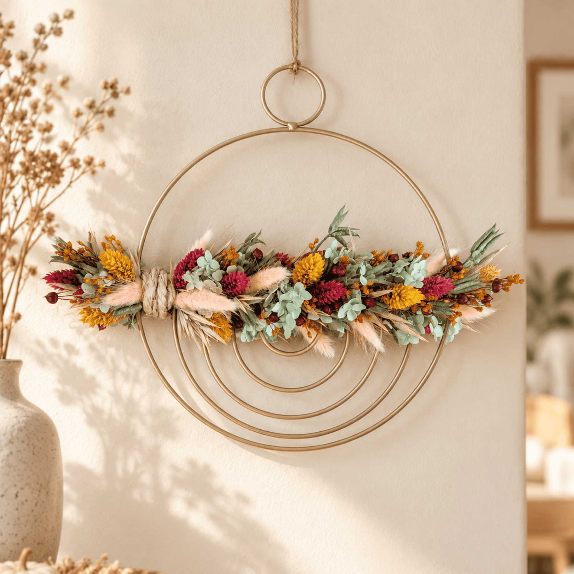 Trockenblumenschmuck auf goldenem Metallring mit Phalaris– 29 cm – Bild 2