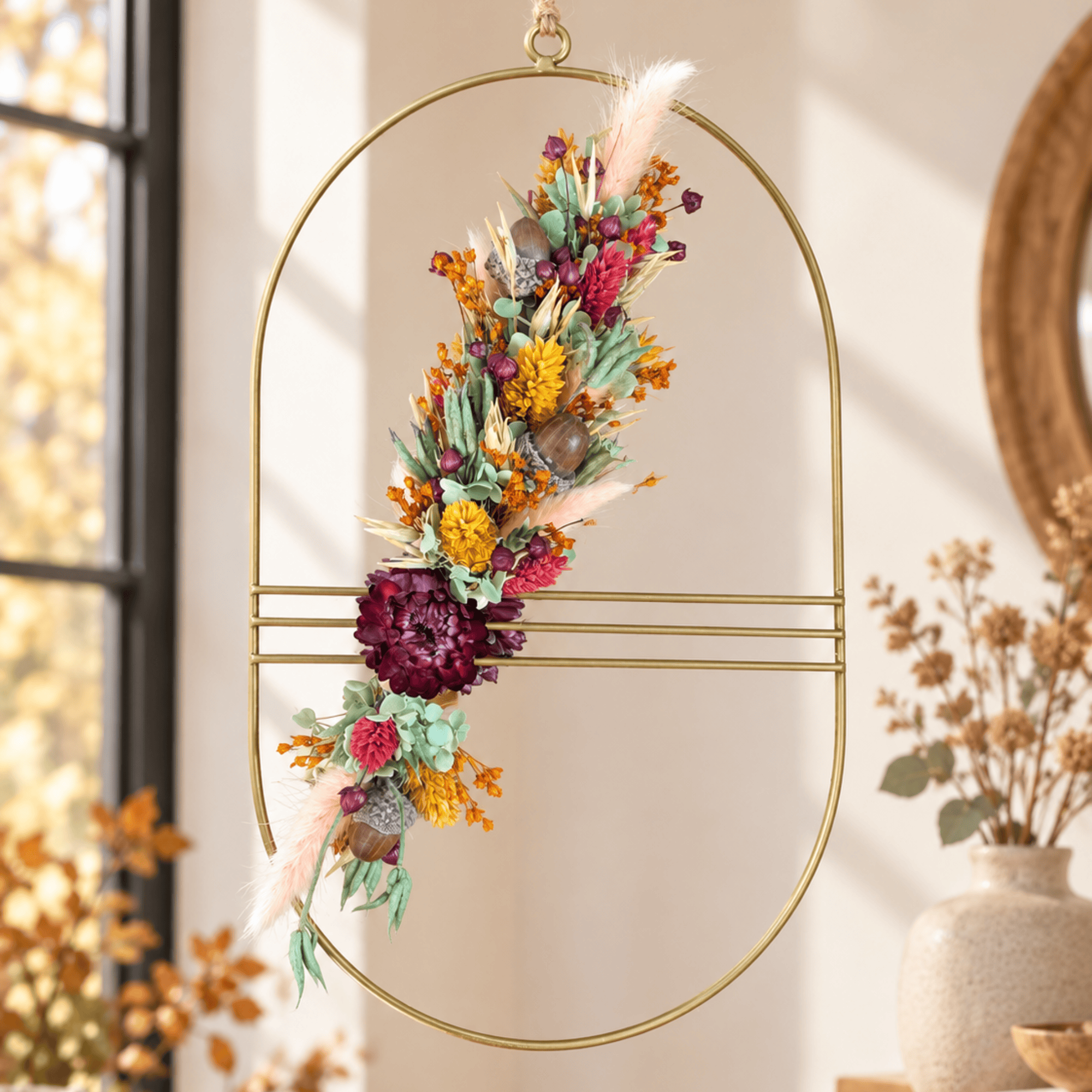 Trockenblumenschmuck auf goldenem Ovalornament – 17,5 × 30 cm – Bild 2